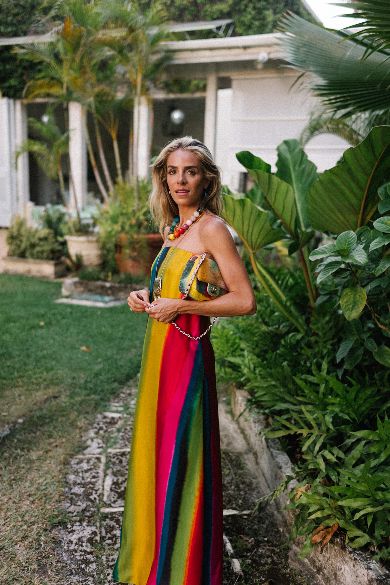 silk rainbow stripe maxi dress rainbow beaded necklace gold seashell necklace rainbow bag