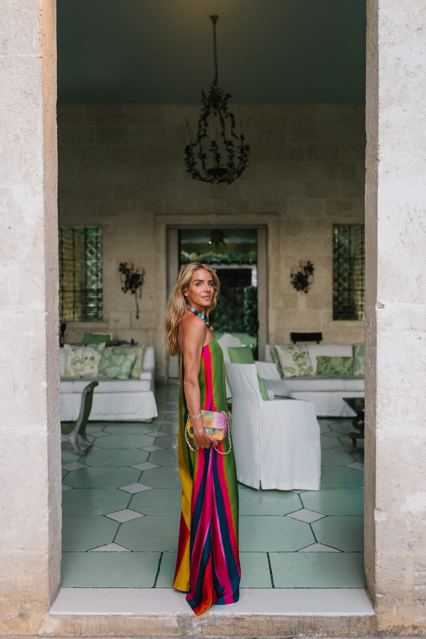 silk rainbow stripe maxi dress rainbow beaded necklace gold seashell necklace rainbow bag
