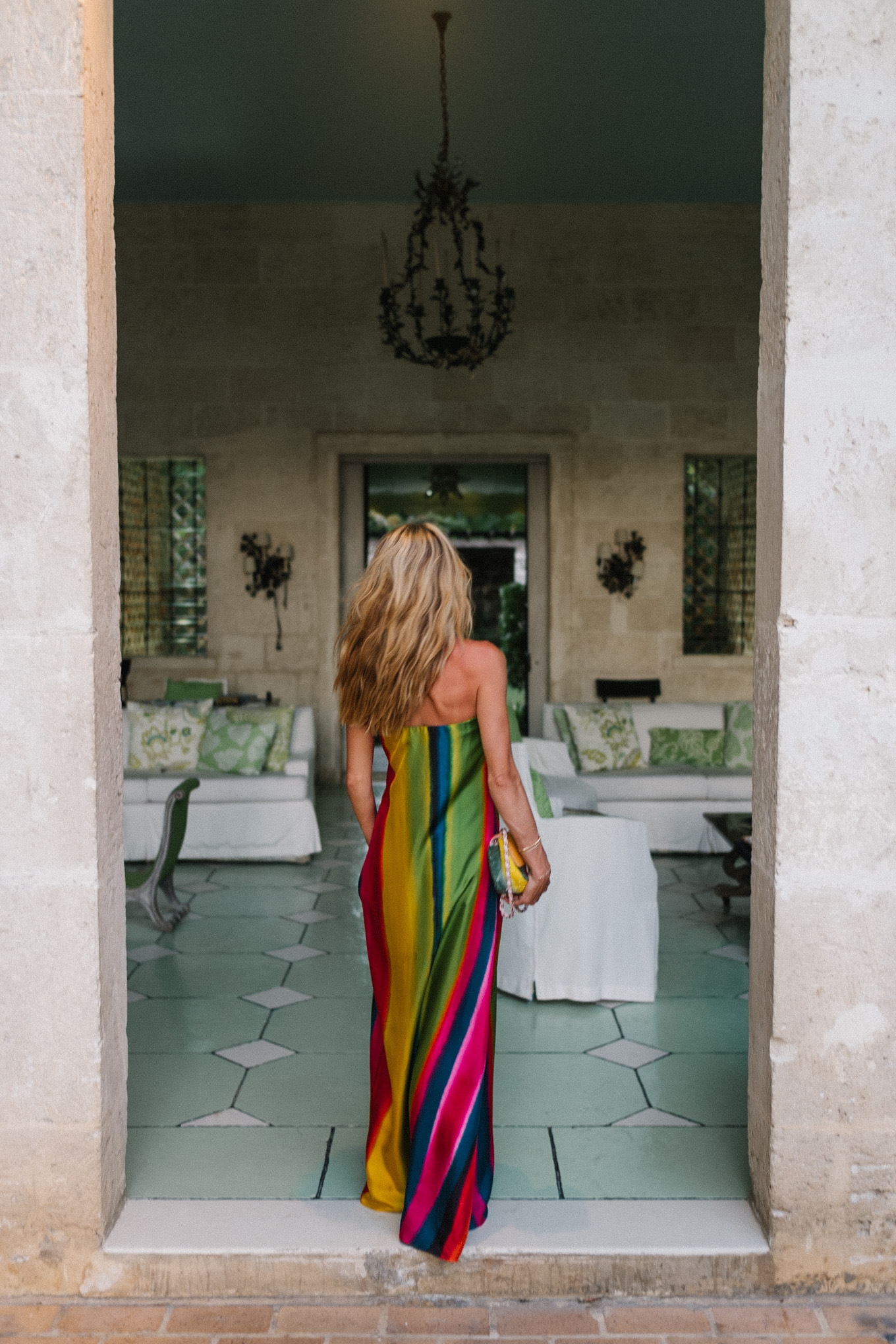 silk rainbow stripe maxi dress rainbow beaded necklace gold seashell necklace rainbow bag
