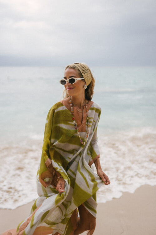 green pink kaftan black pink graphic bikini woven headband white sunglasses