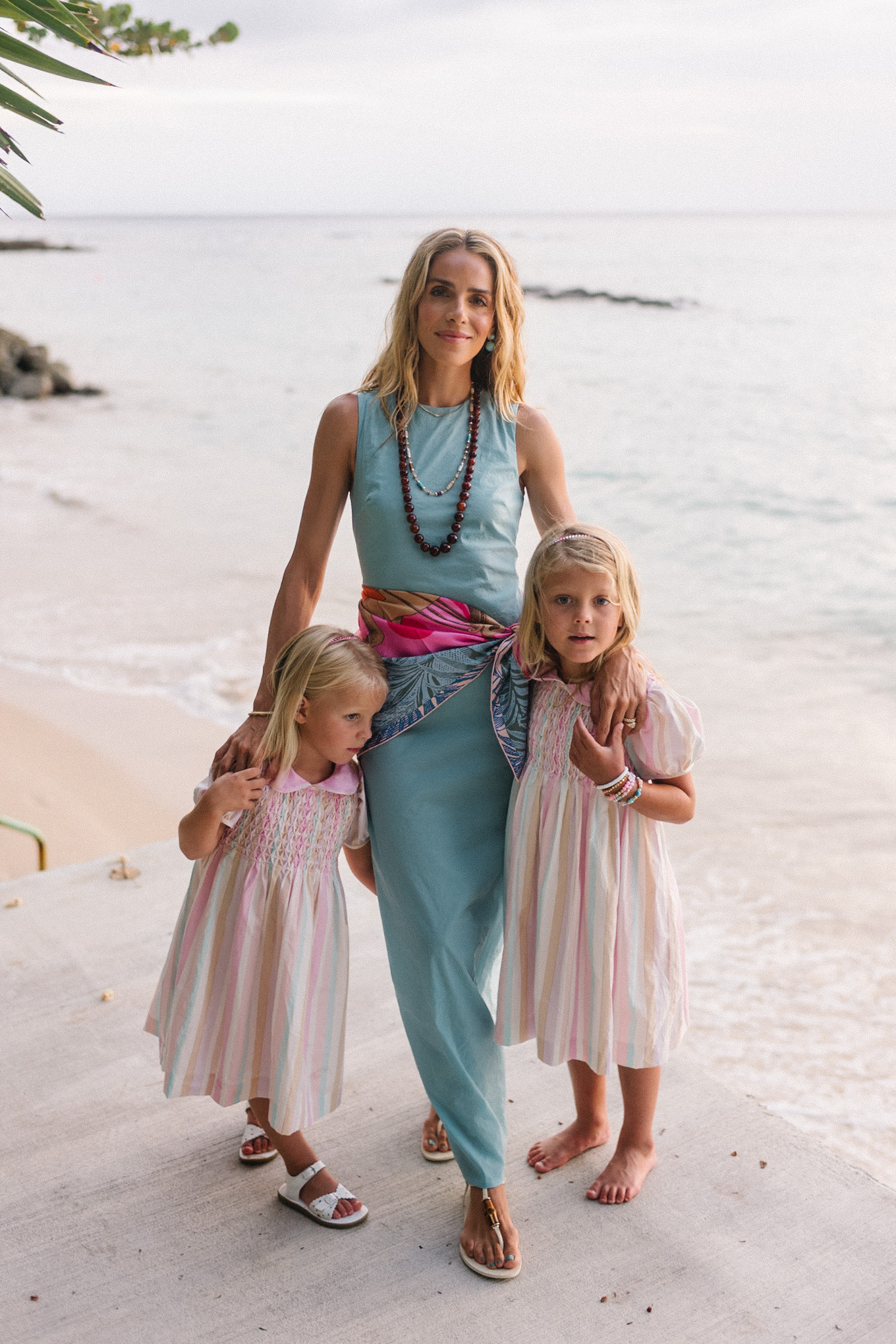 blue dress colorful silk scarf white strappy sandals