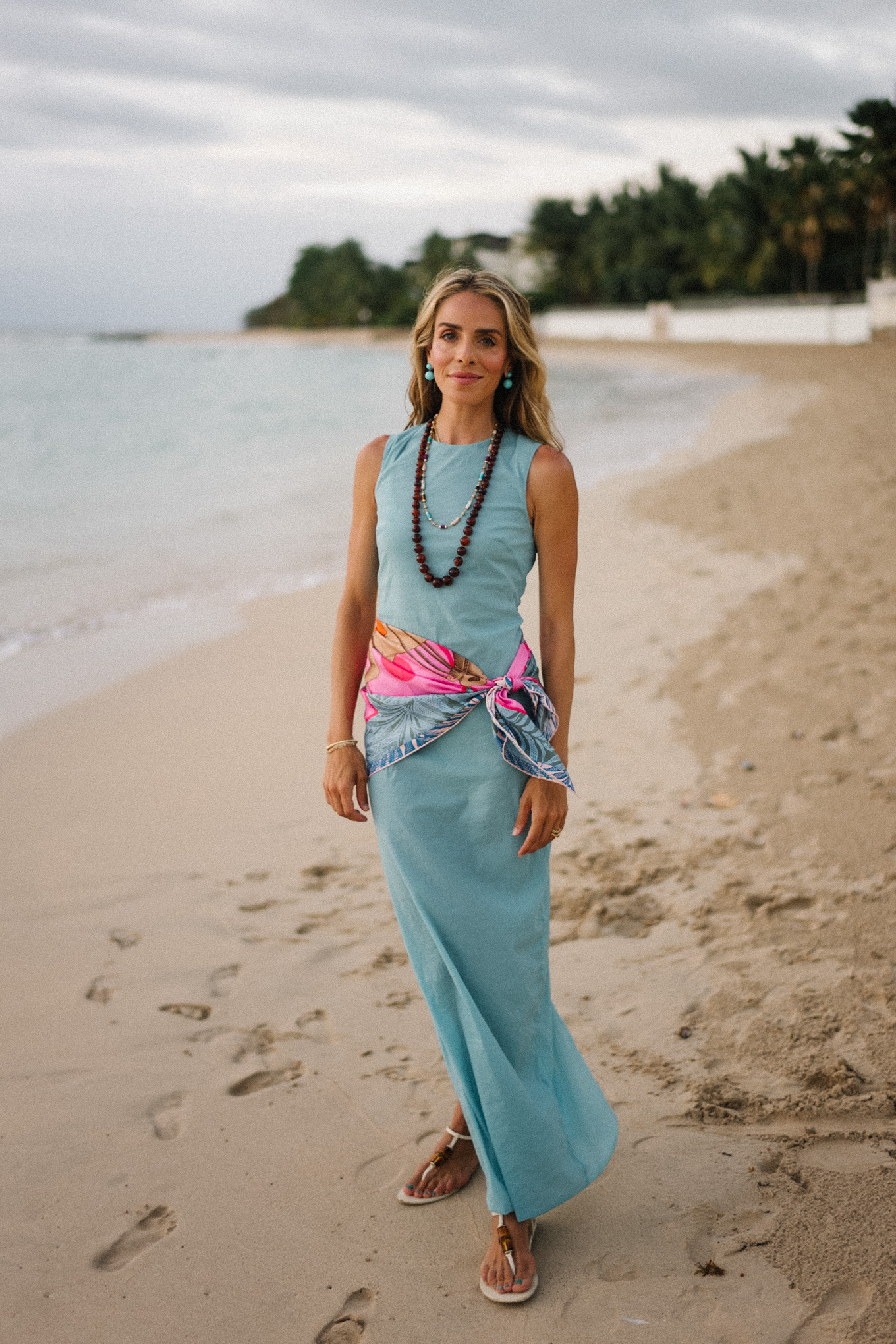 blue dress colorful silk scarf white strappy sandals