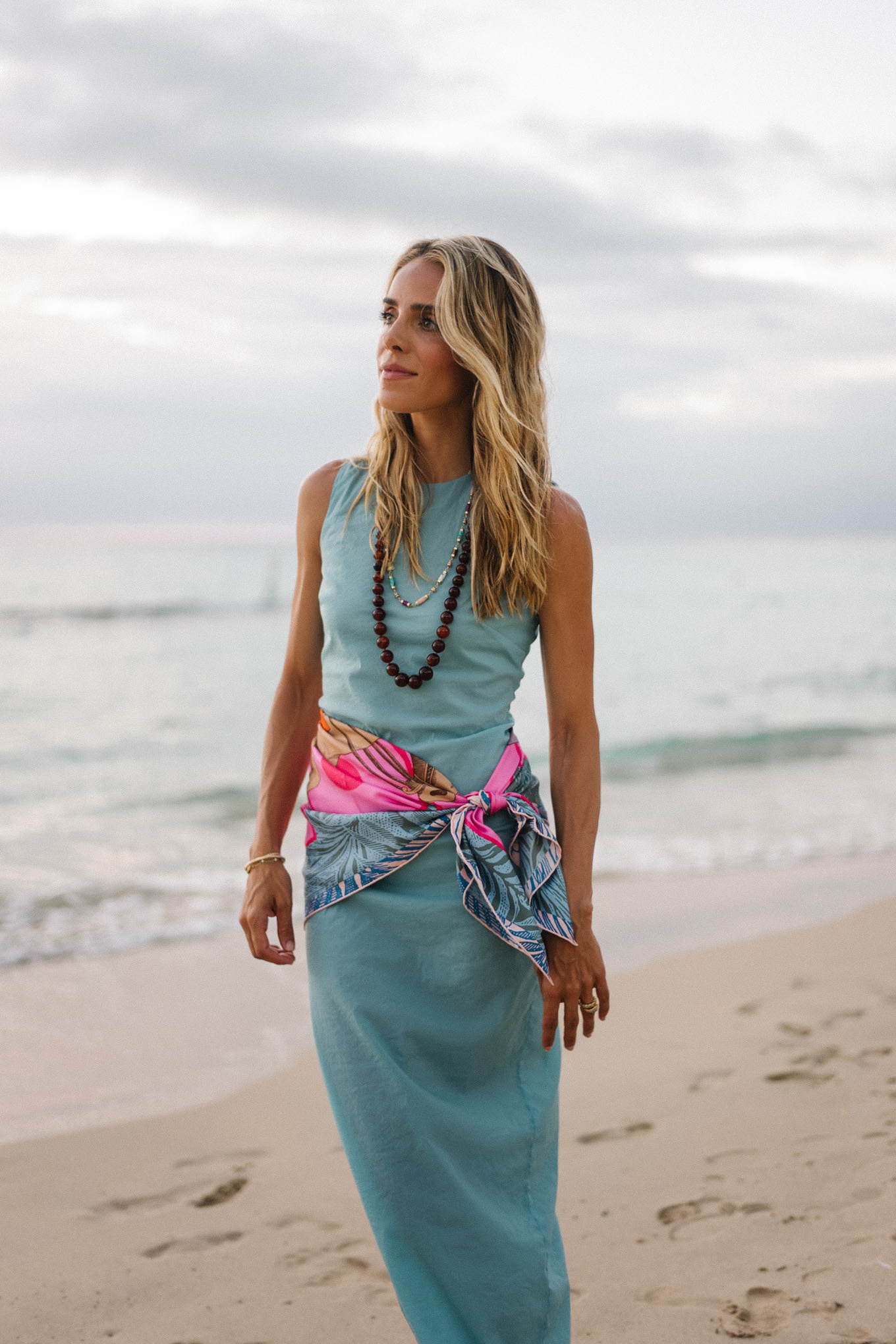 blue dress colorful silk scarf white strappy sandals