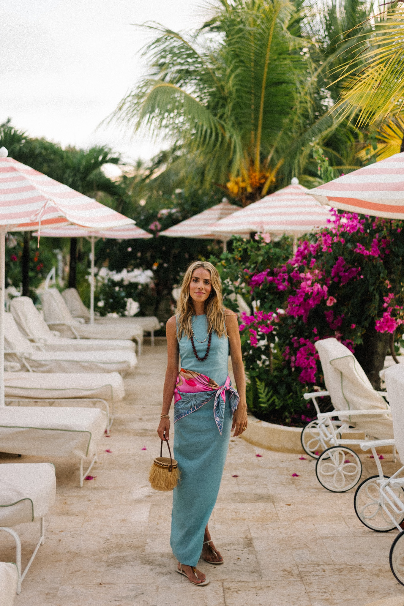 blue dress colorful silk scarf white strappy sandals