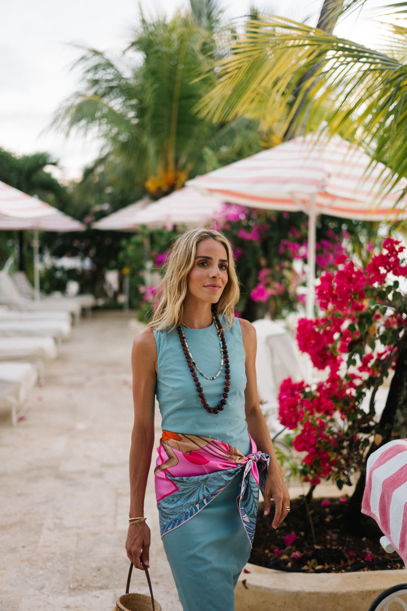 blue dress colorful silk scarf white strappy sandals