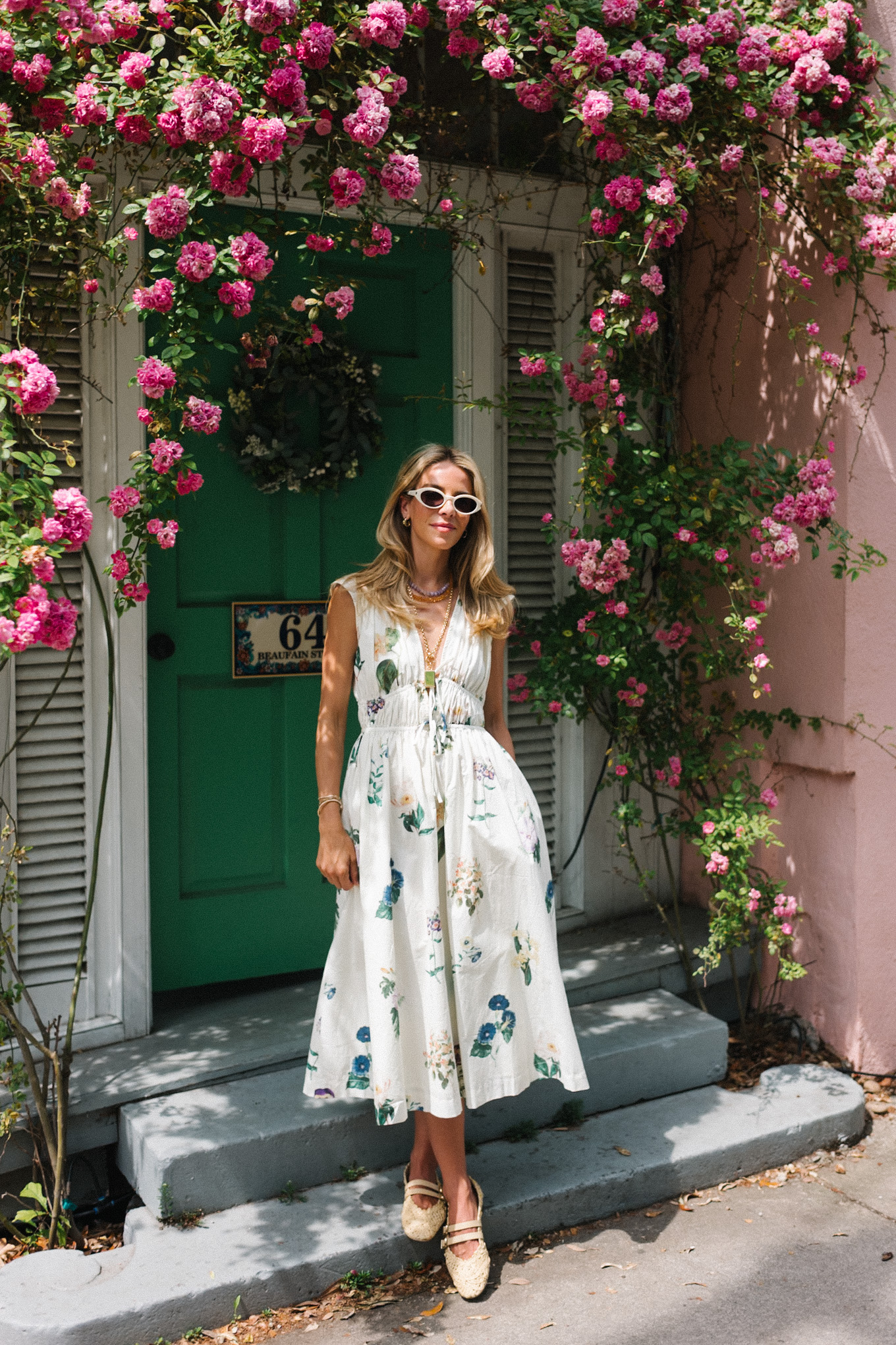 white floral midi dress rattan flats