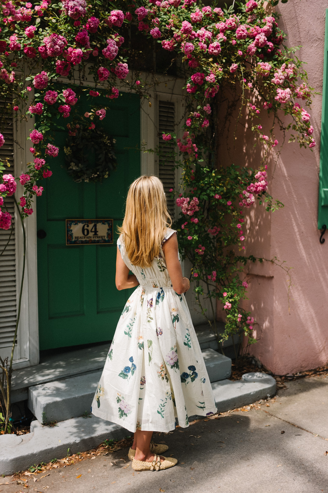 white floral midi dress rattan flats