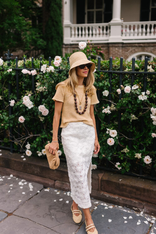 rattan bucket hat woven shirt white lace maxi skirt rattan flats
