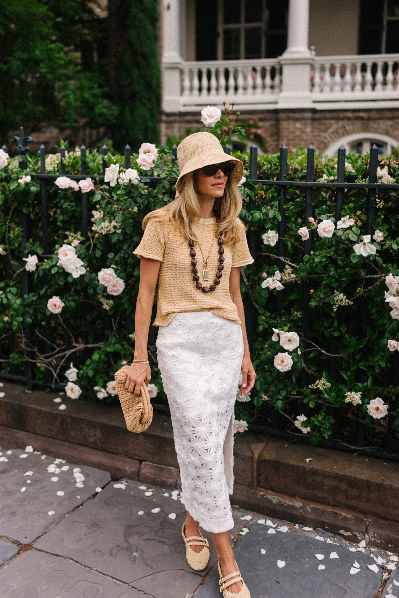 rattan bucket hat woven shirt white lace maxi skirt rattan flats