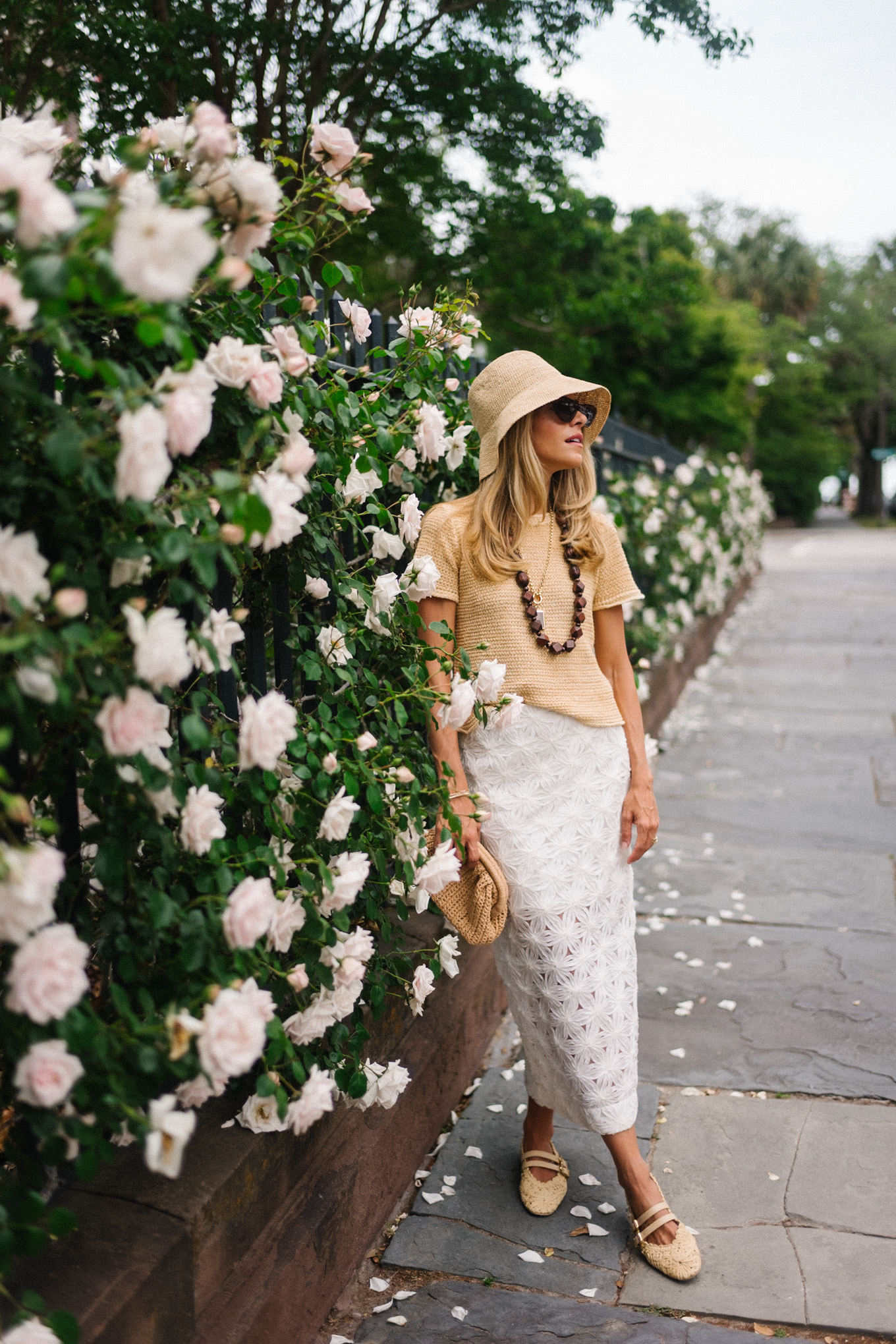 rattan bucket hat woven shirt white lace maxi skirt rattan flats