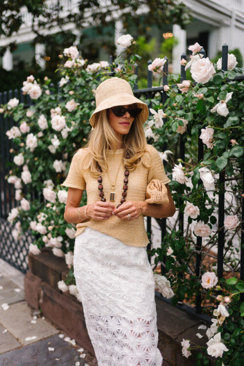 rattan bucket hat woven shirt white lace maxi skirt rattan flats