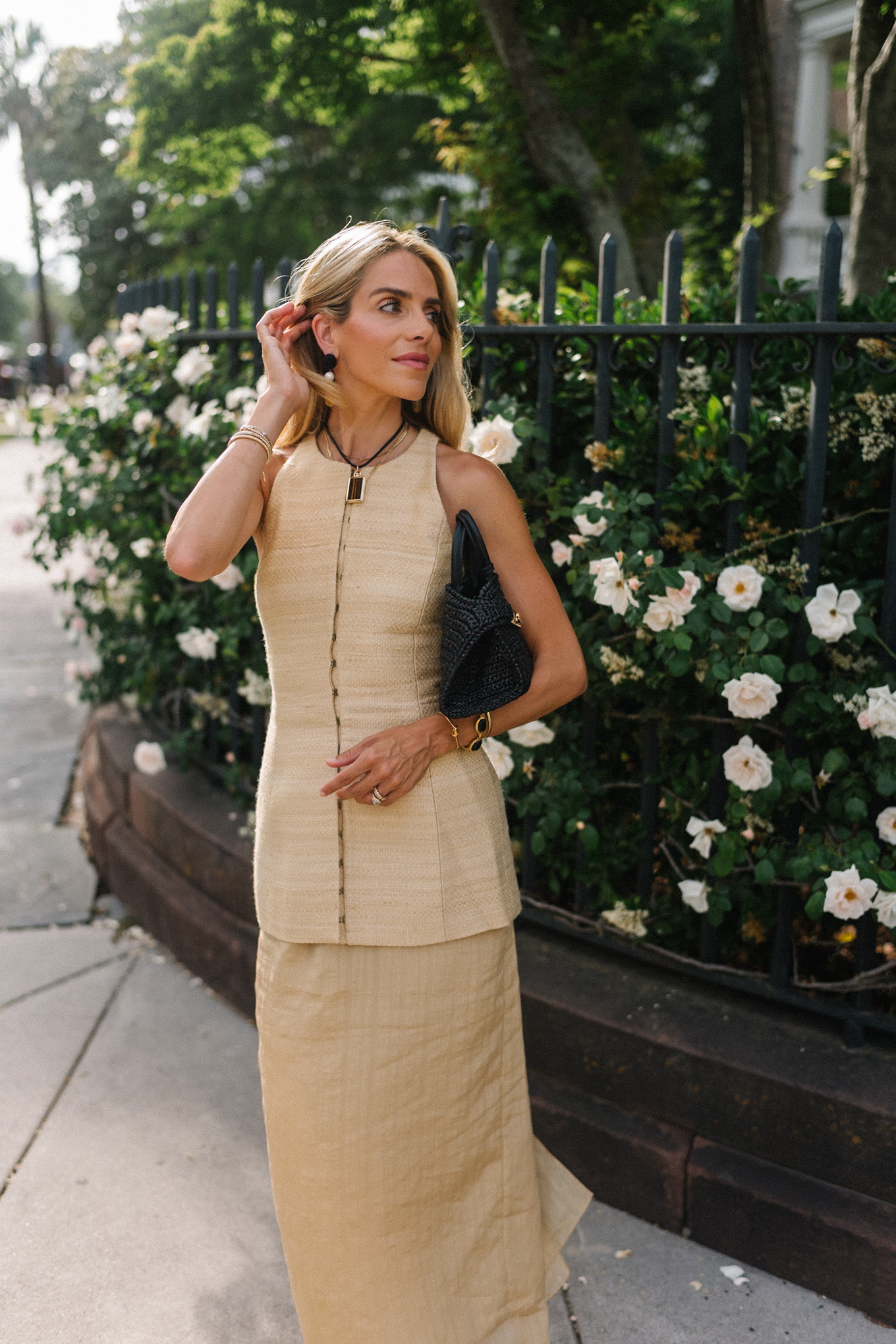 rattan vest top and skirt black woven bag