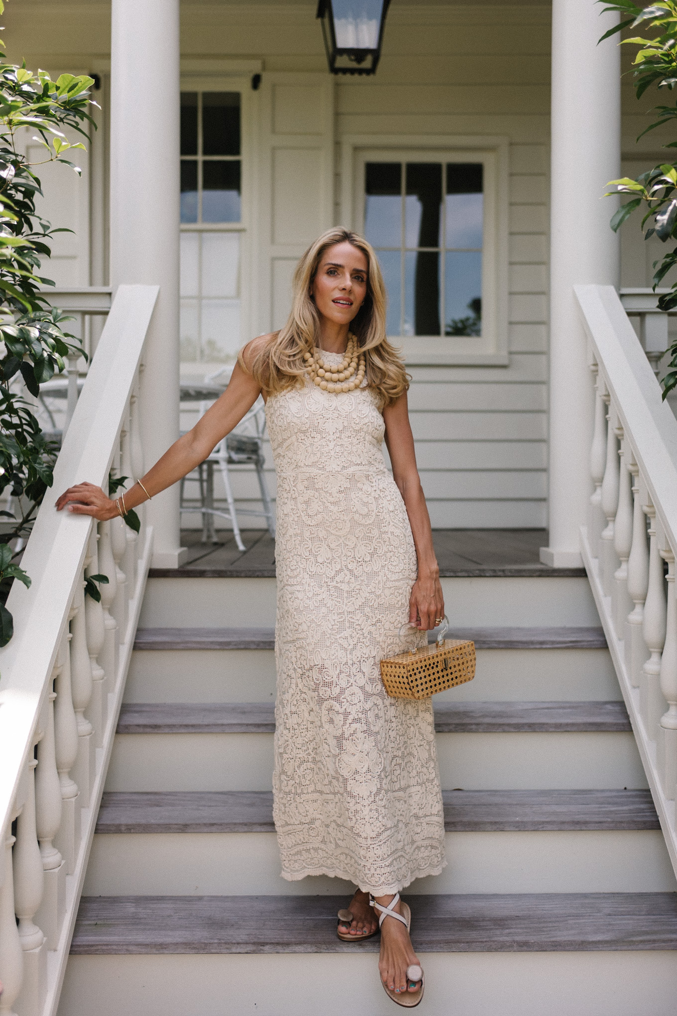 cream lace dress basket clutch rattan beaded necklace strappy sandals