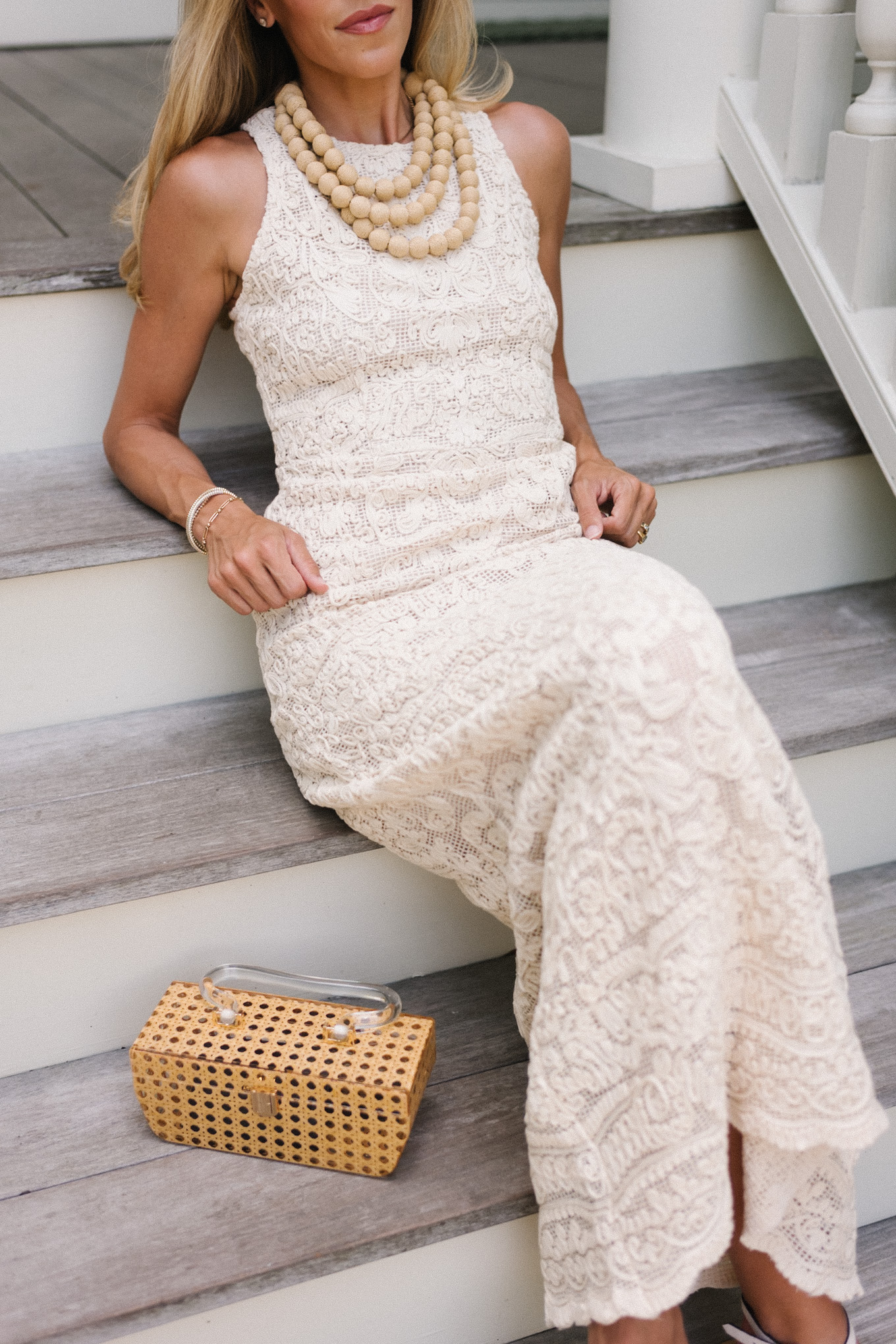 cream lace dress basket clutch rattan beaded necklace strappy sandals