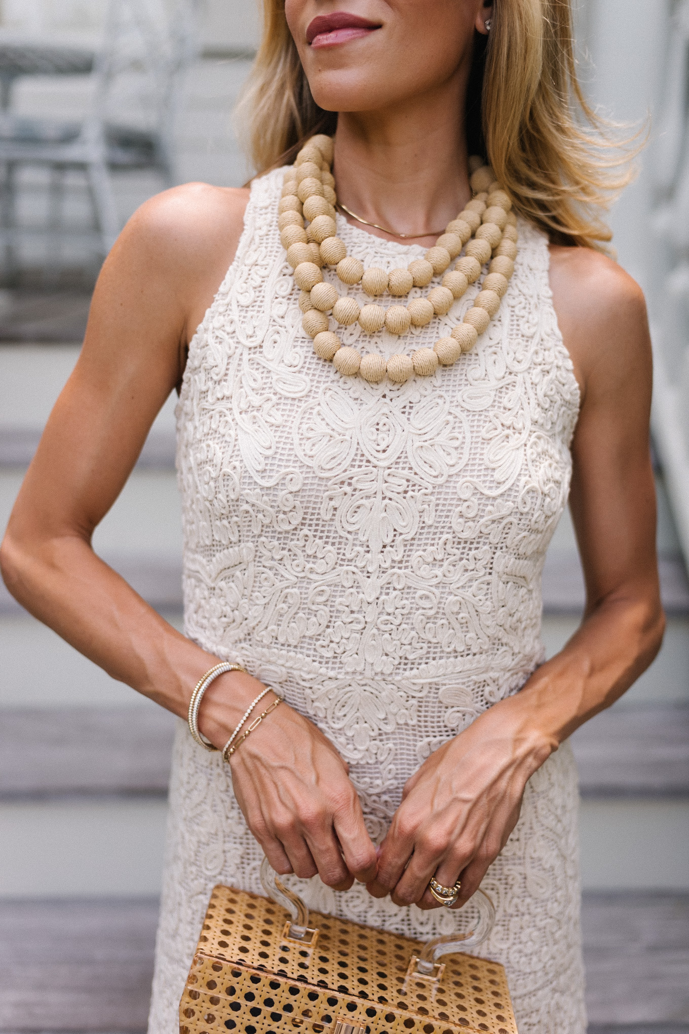 cream lace dress basket clutch rattan beaded necklace strappy sandals