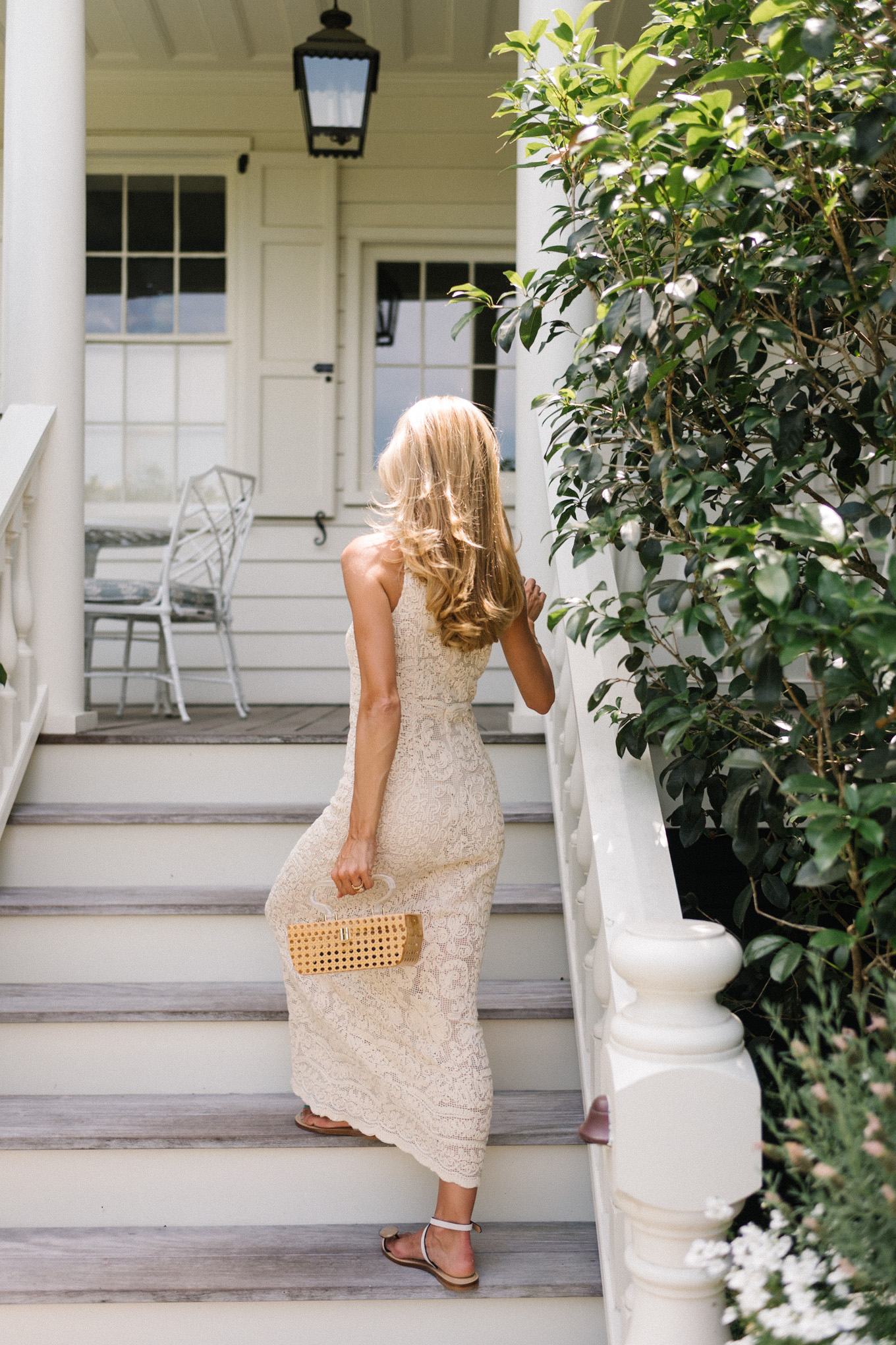 cream lace dress basket clutch rattan beaded necklace strappy sandals