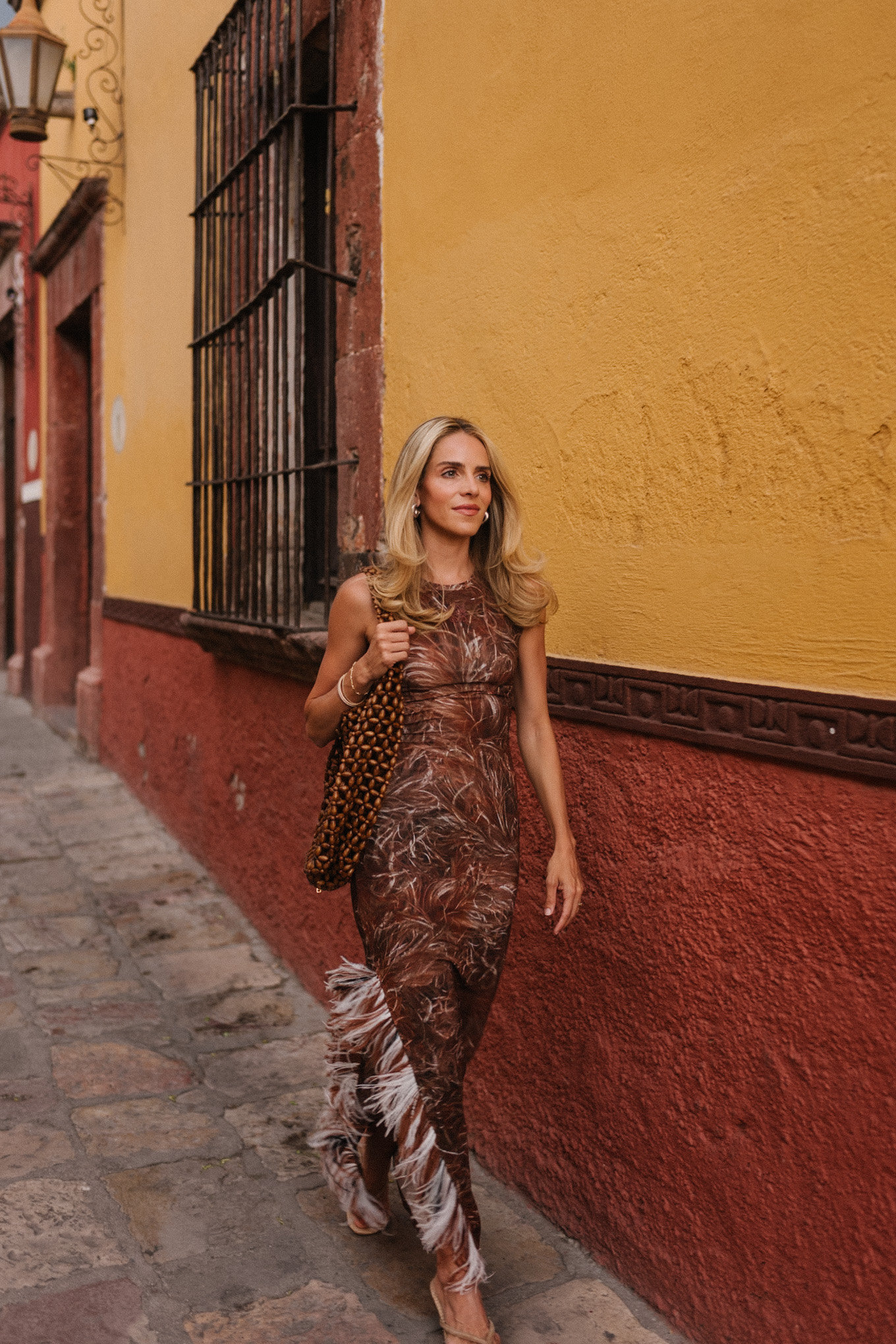 brown feathered maxi dress