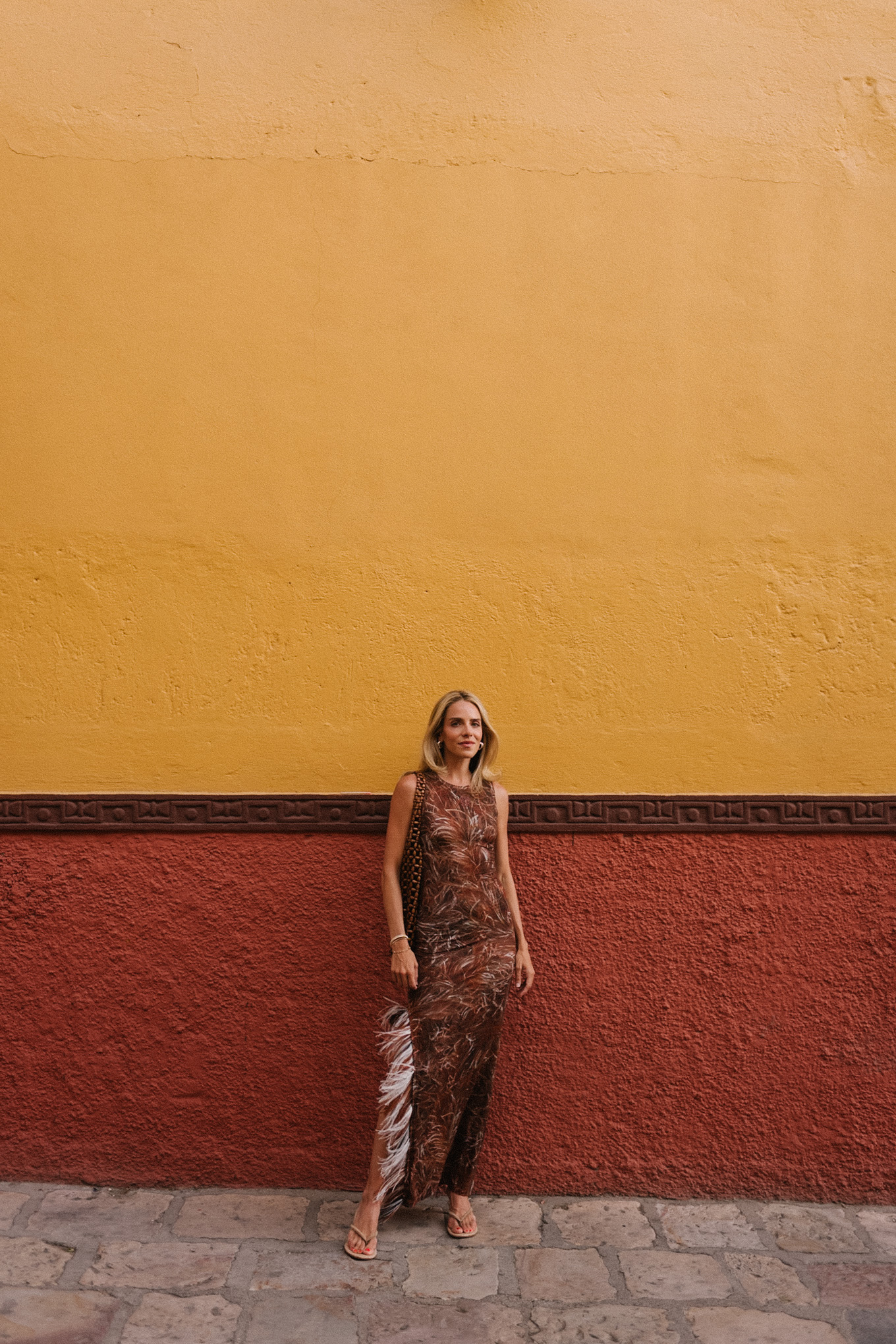 brown feathered maxi dress