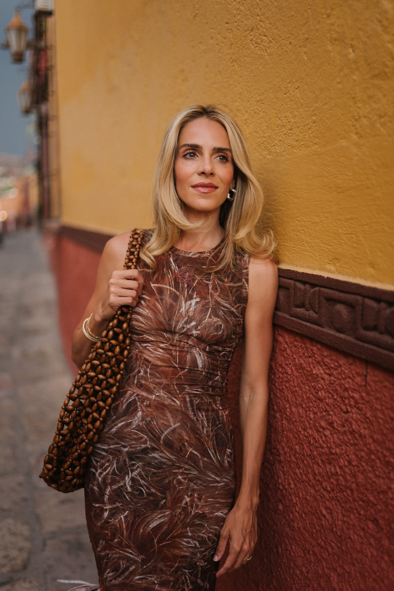 brown feathered maxi dress