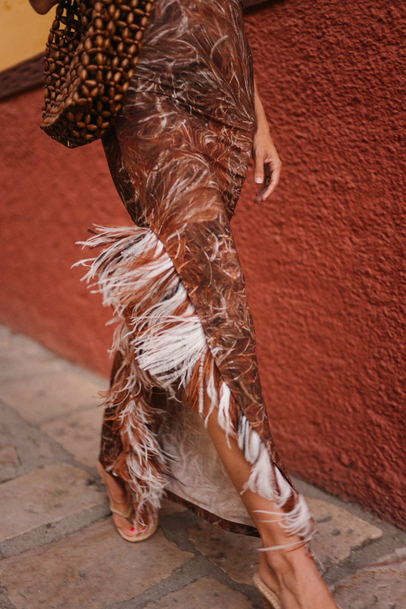 brown feathered maxi dress