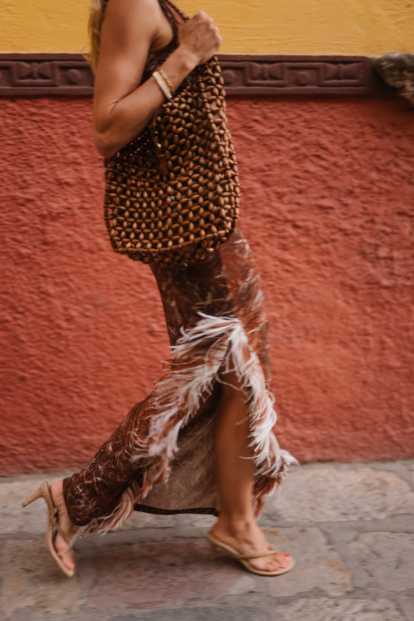 brown feathered maxi dress