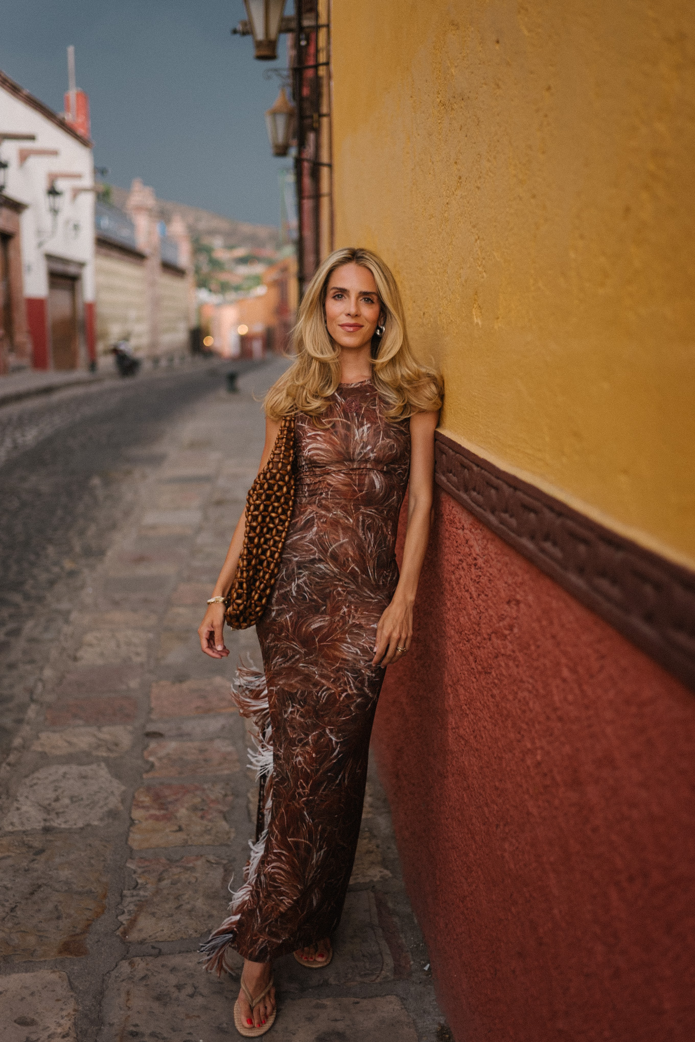 brown feathered maxi dress