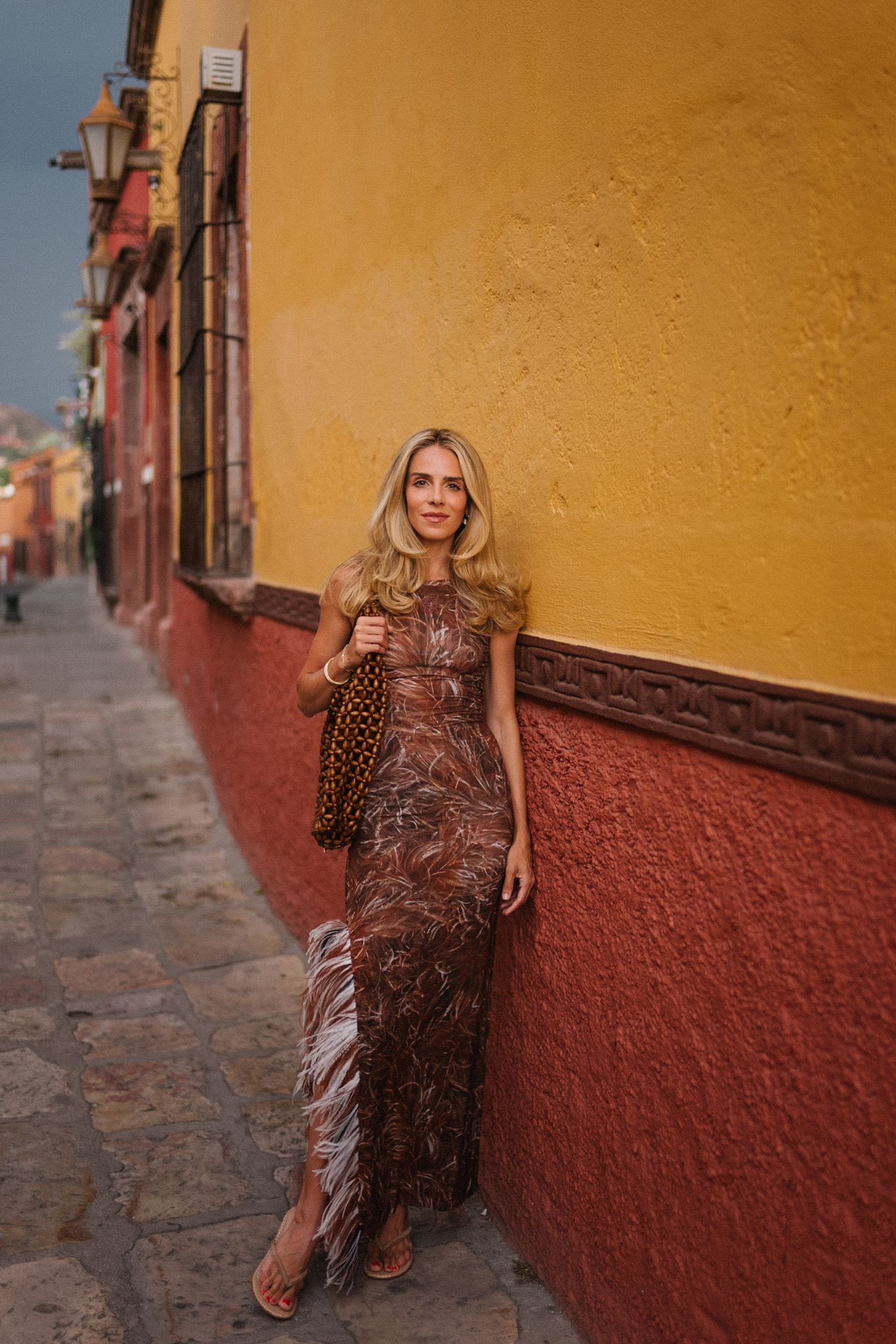 brown feathered maxi dress