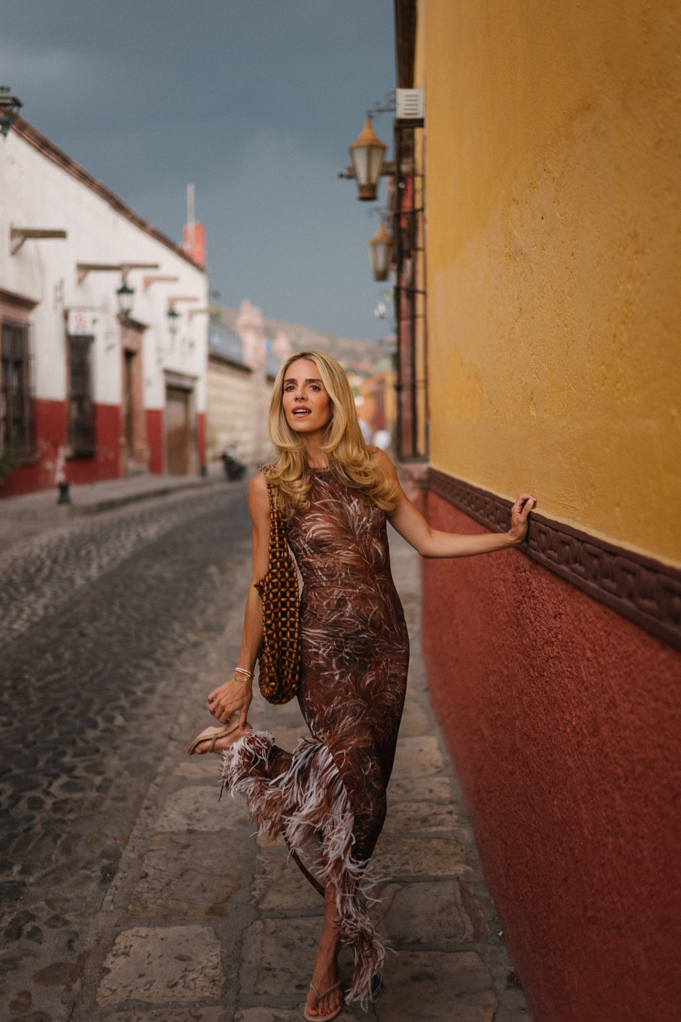 brown feathered maxi dress