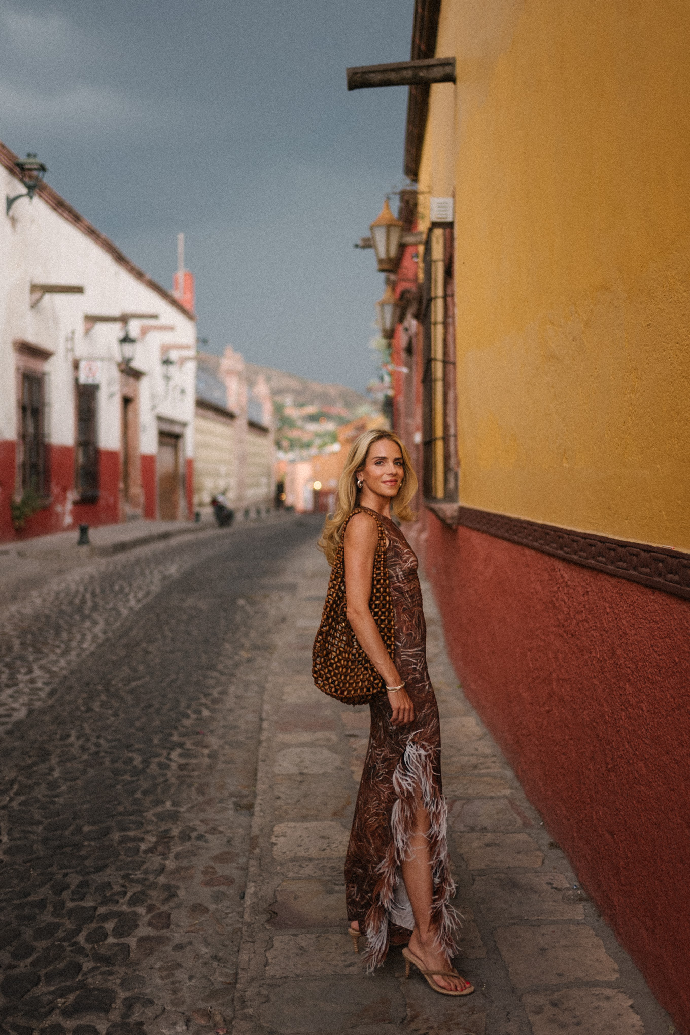 brown feathered maxi dress