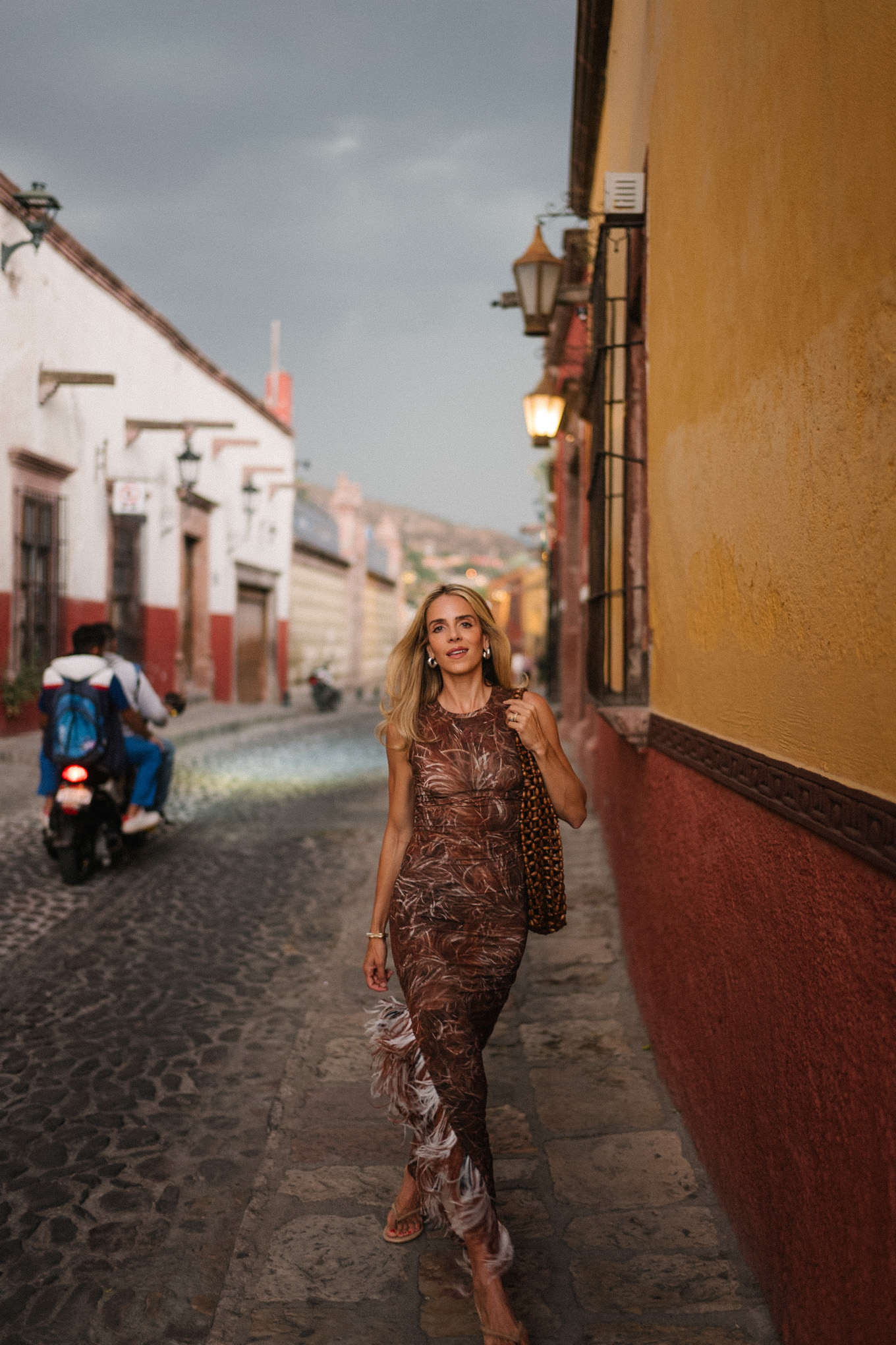 brown feathered maxi dress
