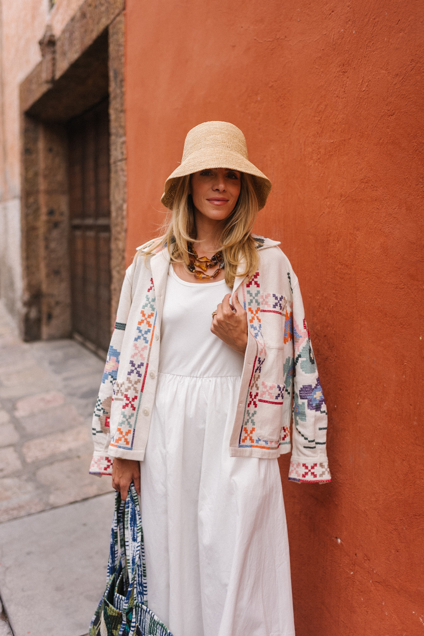 amazon white cotton dress raffia bucket hat colorful tote embroidered jacket