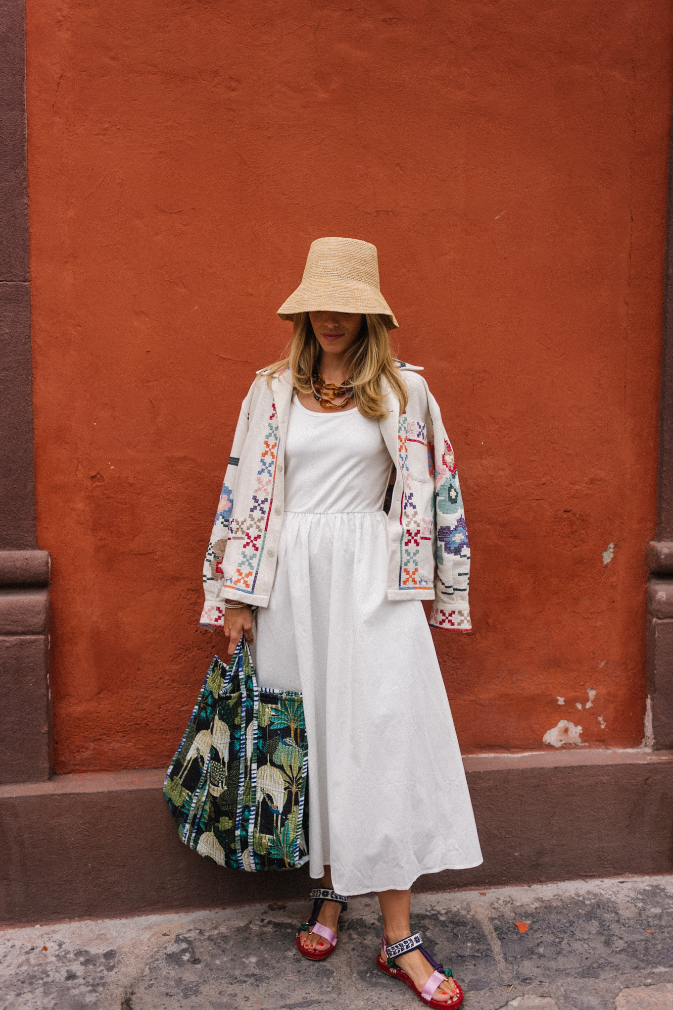 amazon white cotton dress raffia bucket hat colorful tote embroidered jacket