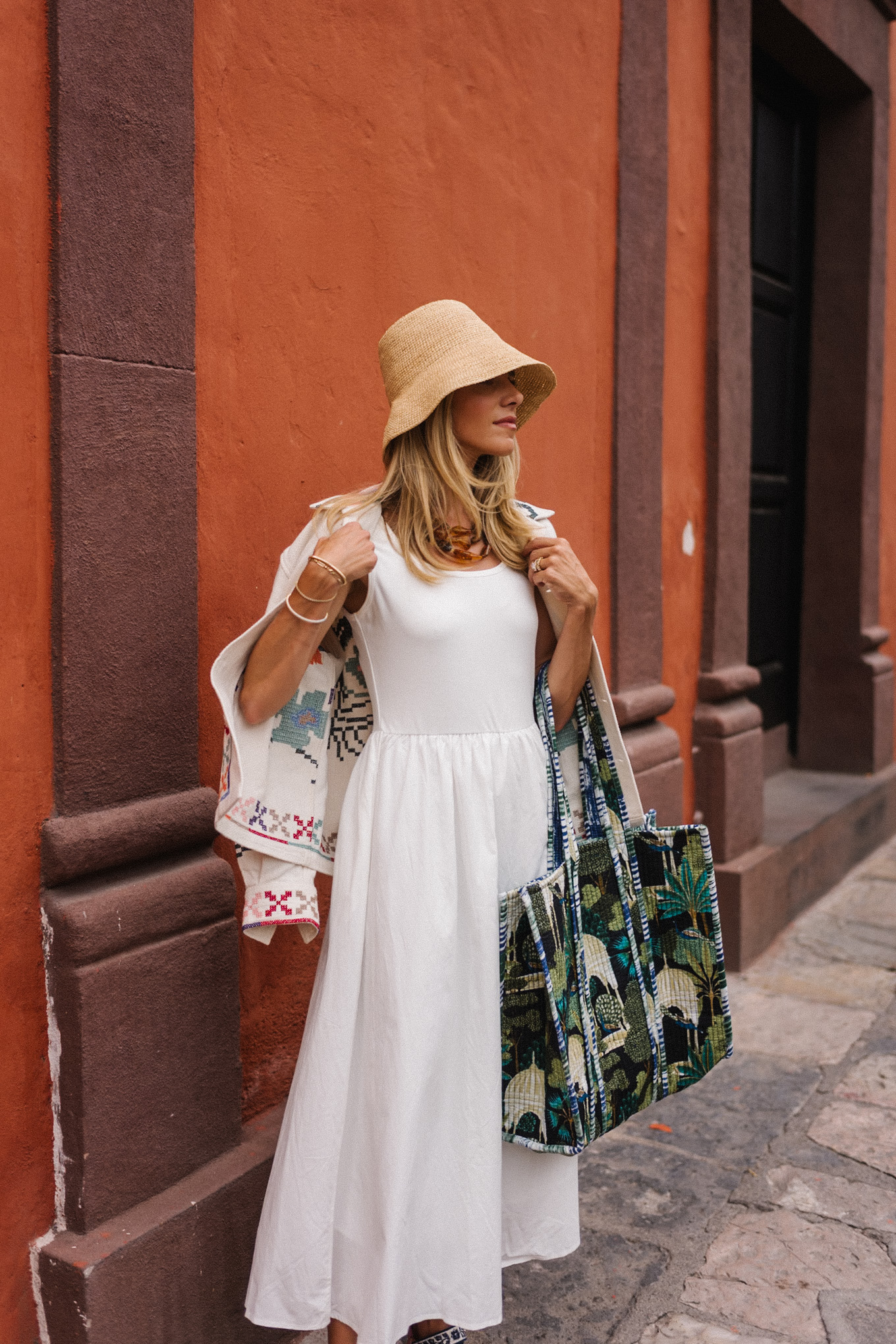 amazon white cotton dress raffia bucket hat colorful tote embroidered jacket