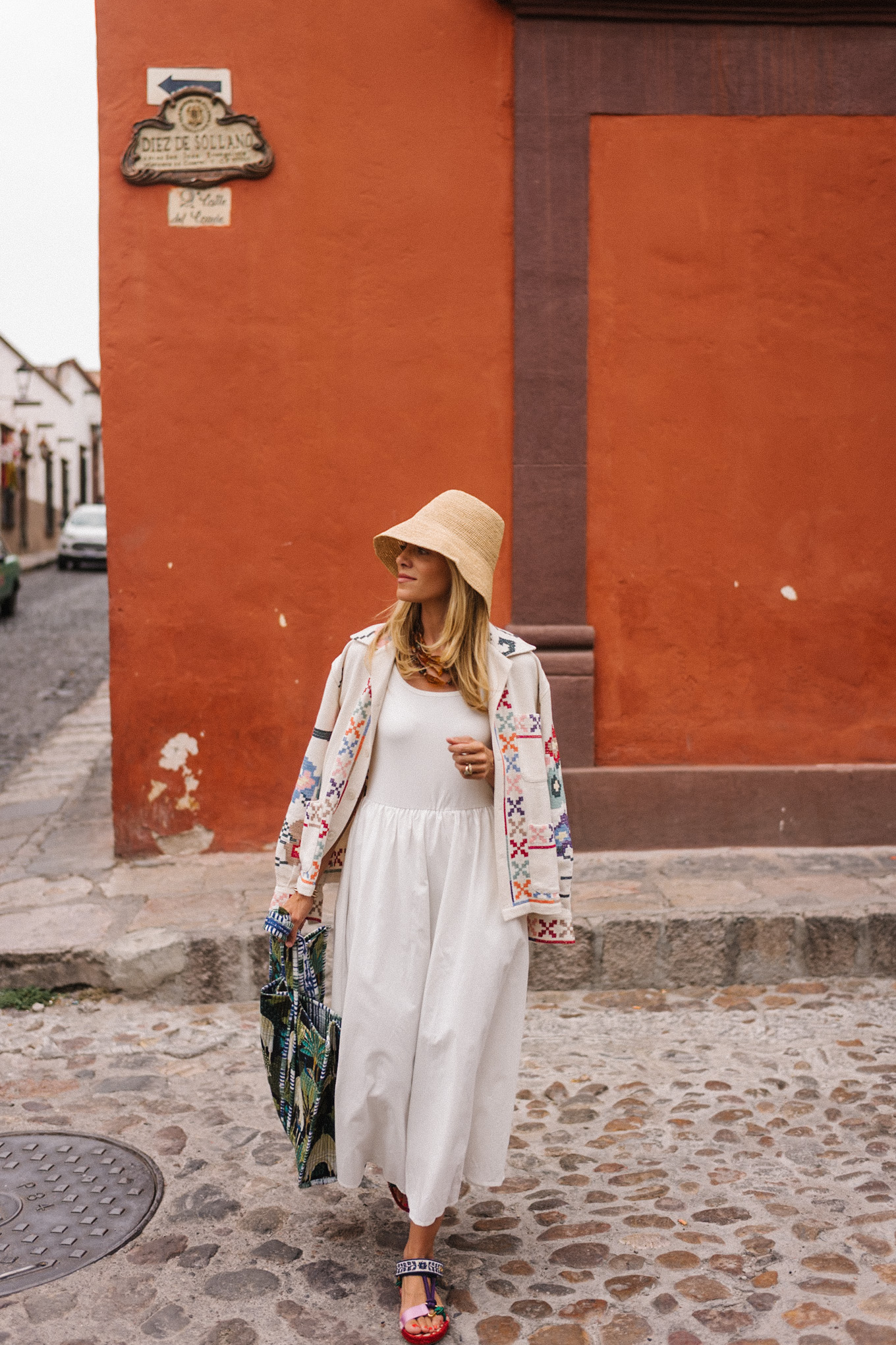 amazon white cotton dress raffia bucket hat colorful tote embroidered jacket