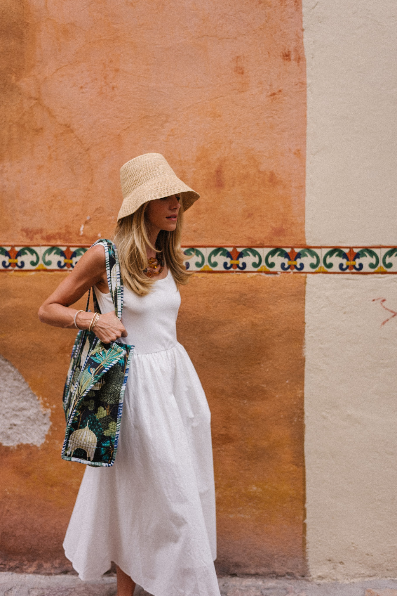 amazon white cotton dress raffia bucket hat colorful tote embroidered jacket