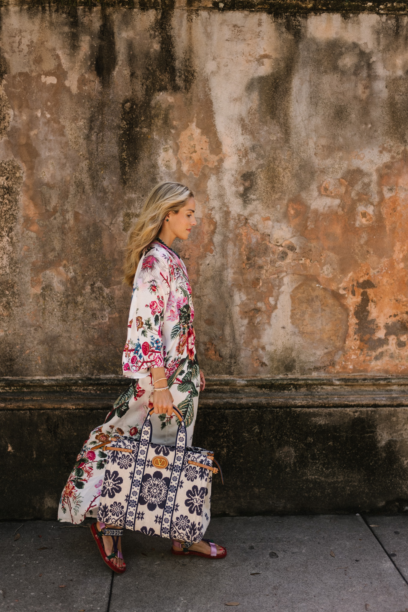 Flower silk caftan floral tote bag