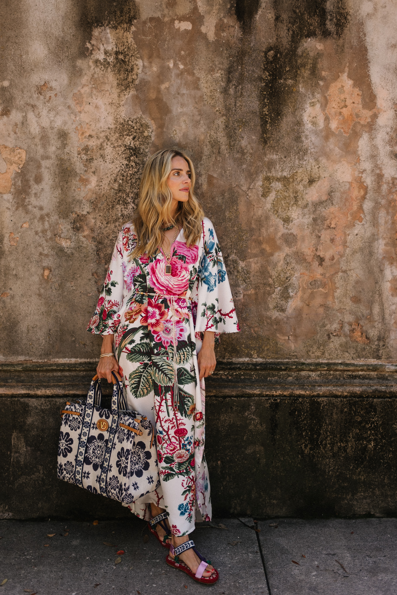 Flower silk caftan floral tote bag