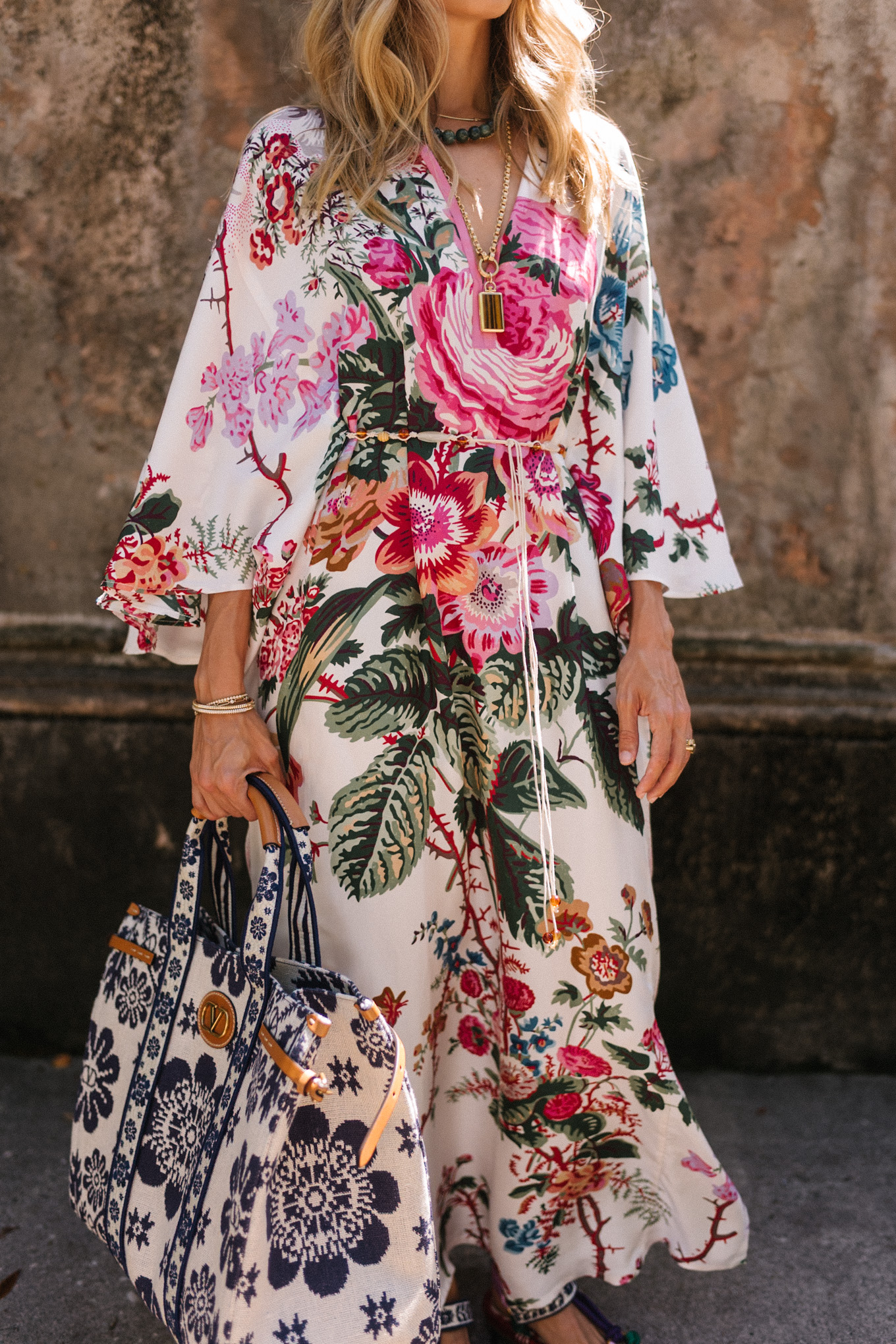 Flower silk caftan floral tote bag