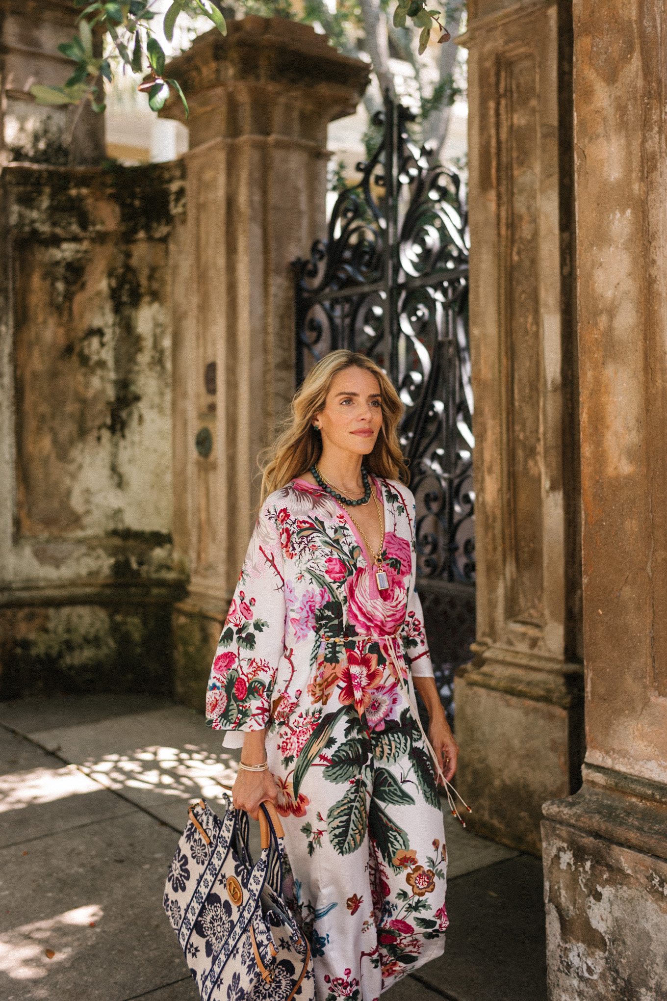 Flower silk caftan floral tote bag