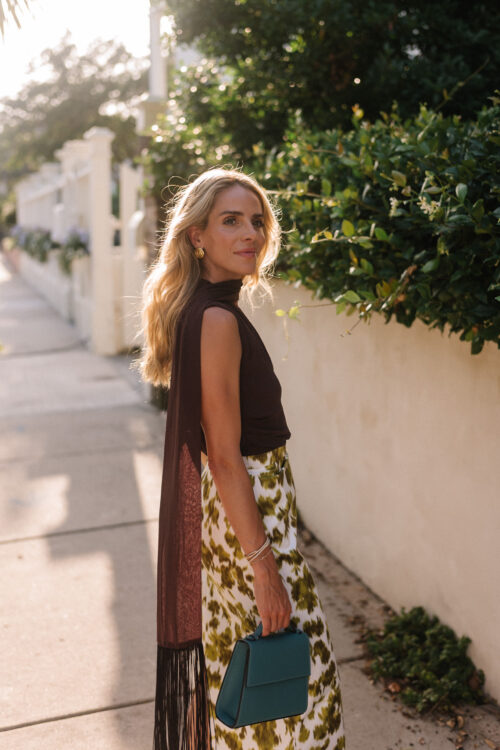 brown fringe scarf top floral silk maxi skirt