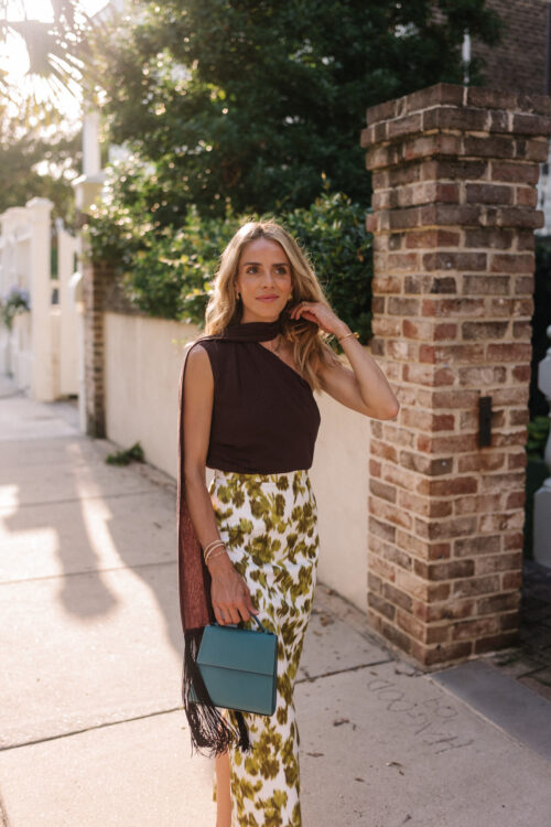 brown fringe scarf top floral silk maxi skirt