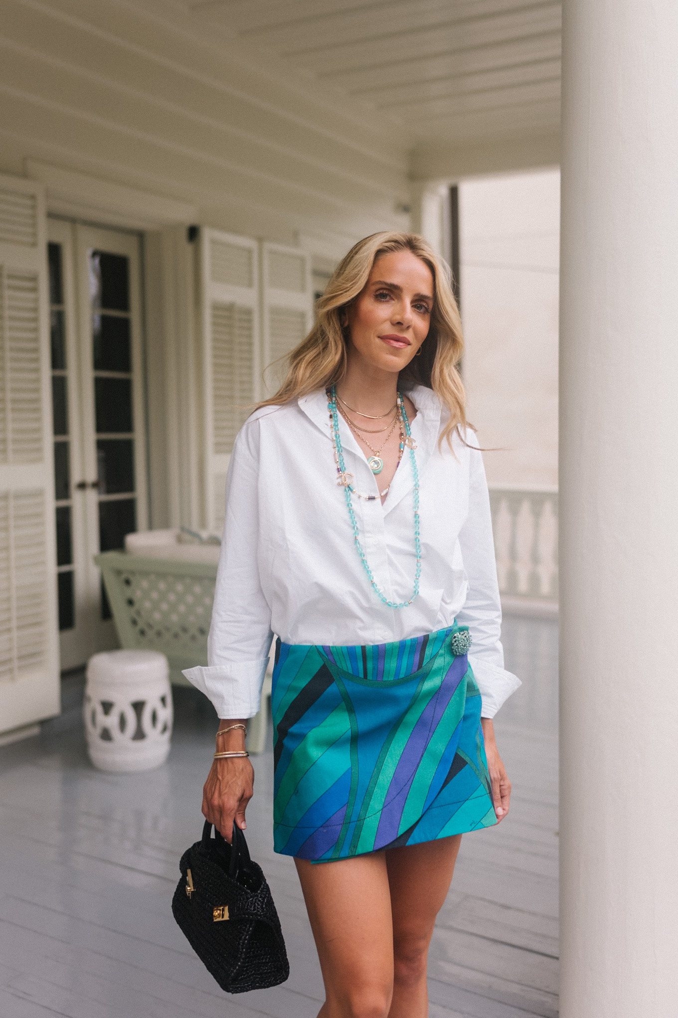 white cotton poplin button down shirt blue graphic mini skirt turquoise jewelry