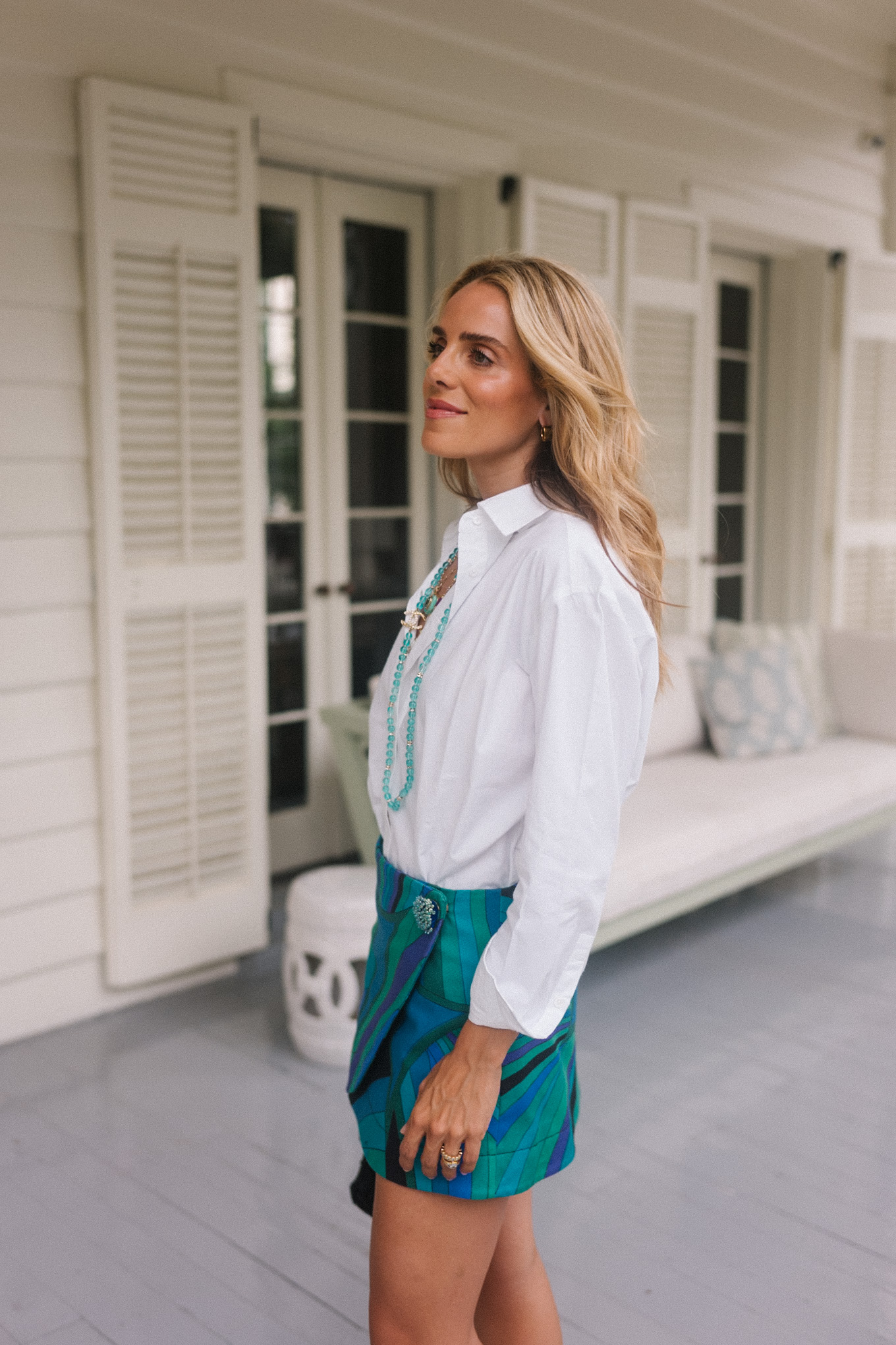 white cotton poplin button down shirt blue graphic mini skirt turquoise jewelry