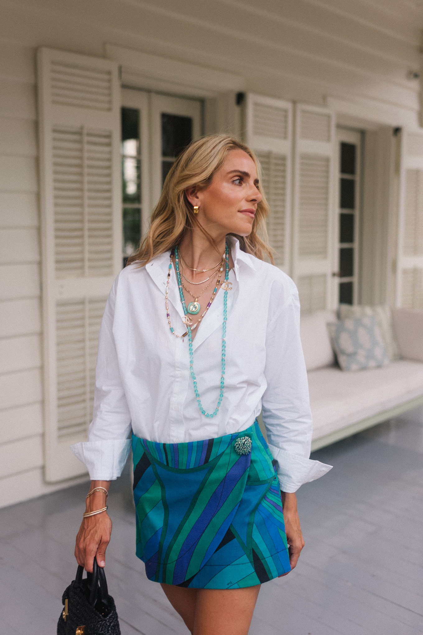 white cotton poplin button down shirt blue graphic mini skirt turquoise jewelry