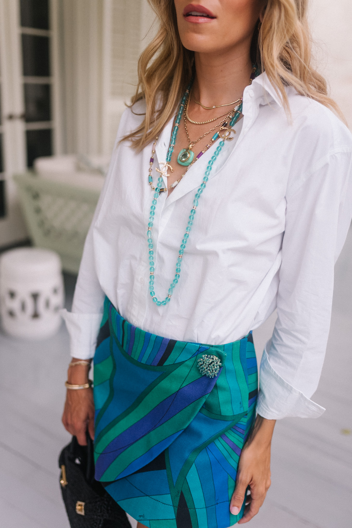 white cotton poplin button down shirt blue graphic mini skirt turquoise jewelry