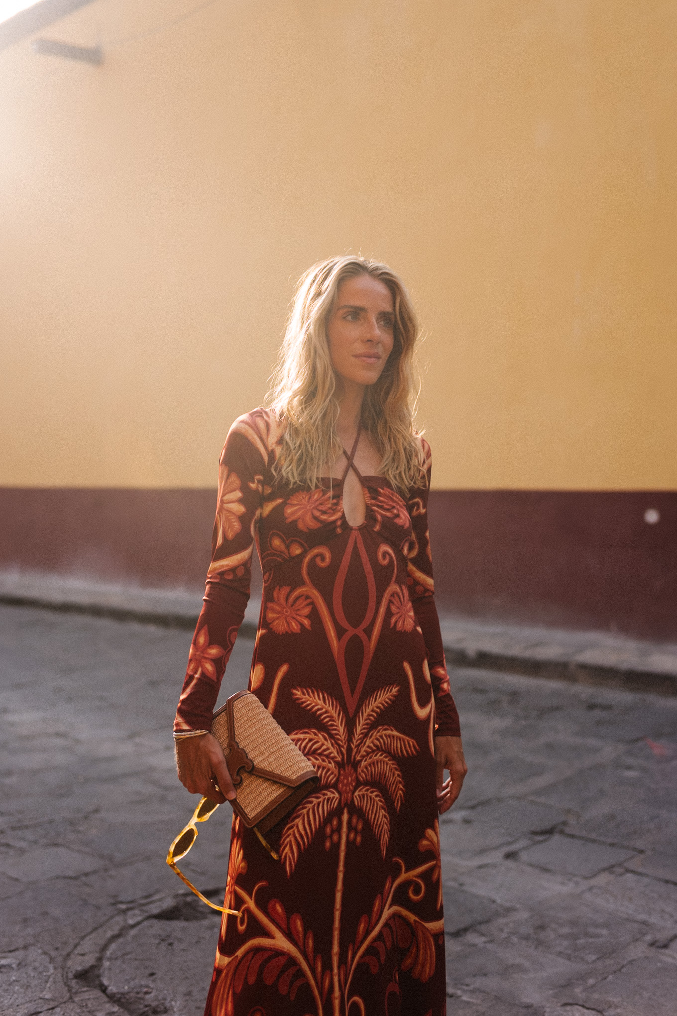 red tropical patterned long sleeved maxi dress