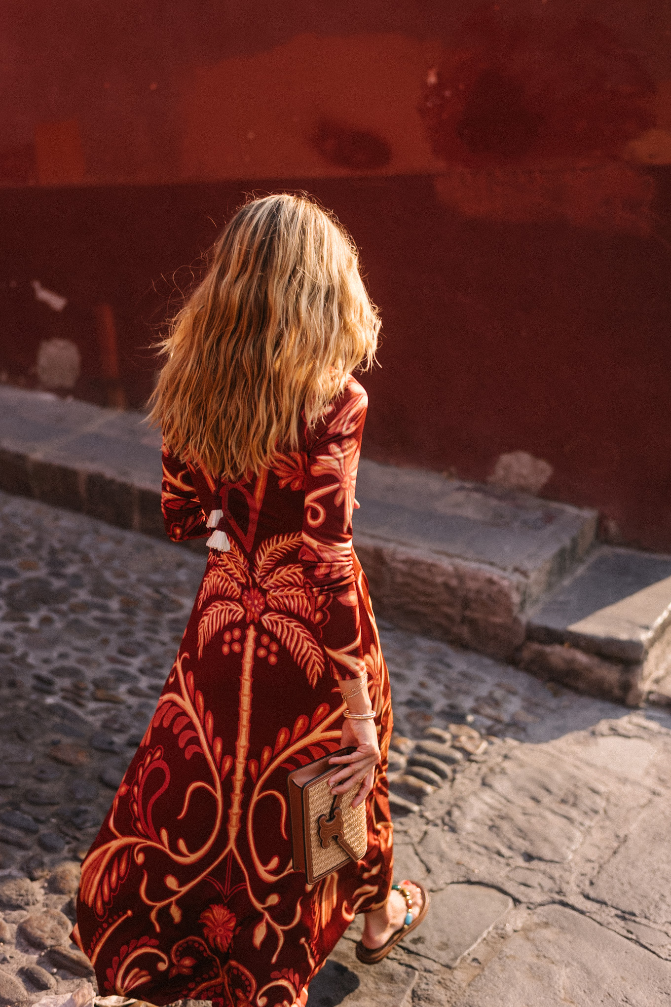 red tropical patterned long sleeved maxi dress