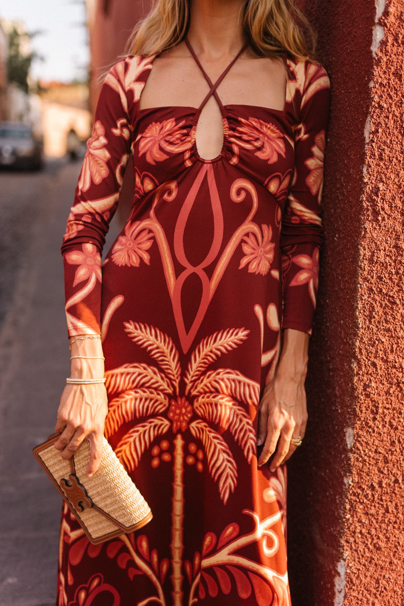 red tropical patterned long sleeved maxi dress