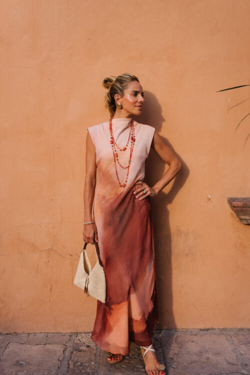 peach burnt orange ombre maxi dress orange jewels rattan handbag