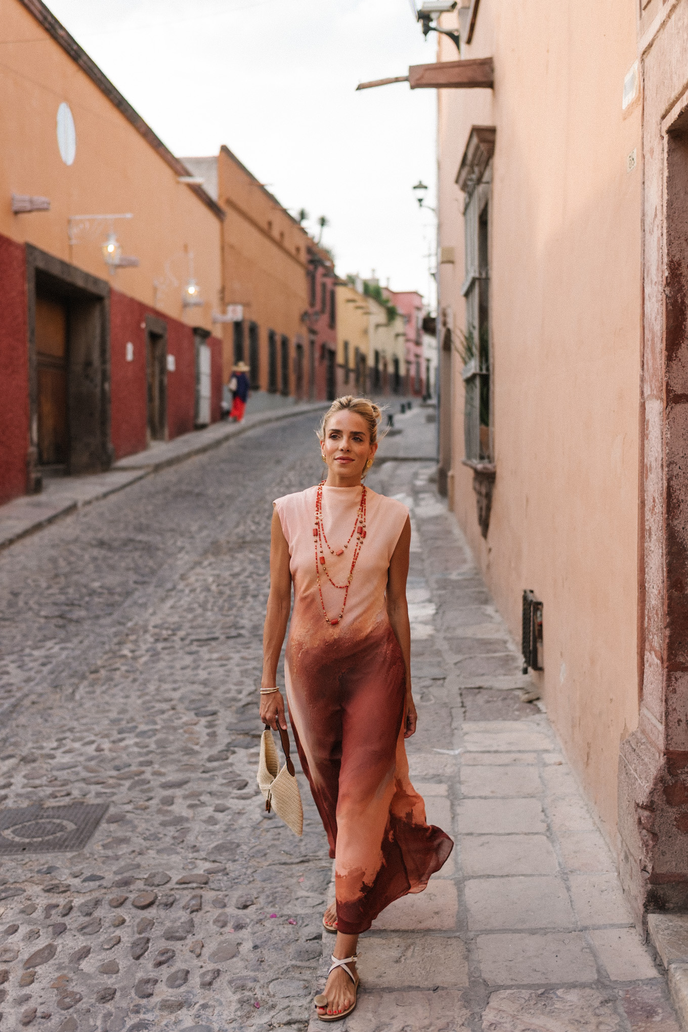 peach burnt orange ombre maxi dress orange jewels rattan handbag